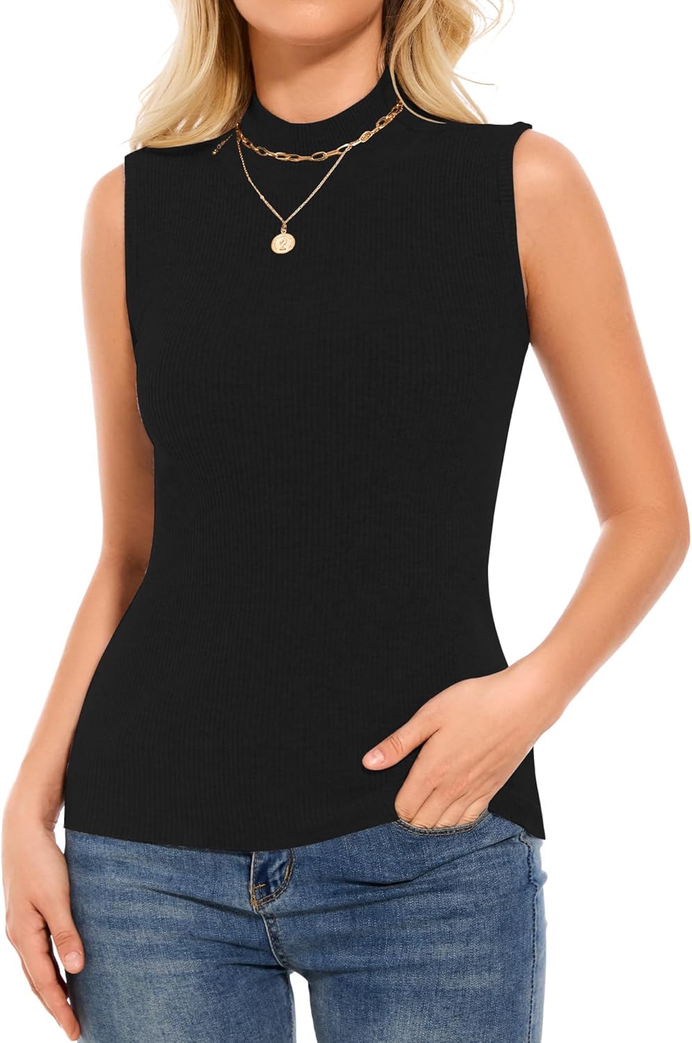 Biffxeu Women's Sleeveless Mock Neck Turtleneck Sweater Tops Ribbed Knit Vest Trendy Casual Slim Fitted Tank Tops