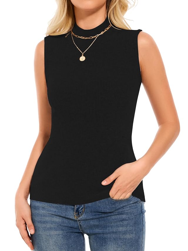 Womens Sleeveless Mock Neck Turtleneck Sweater Tops Ribbed Knit Vest Trendy Casual Slim Fitted Tank Tops