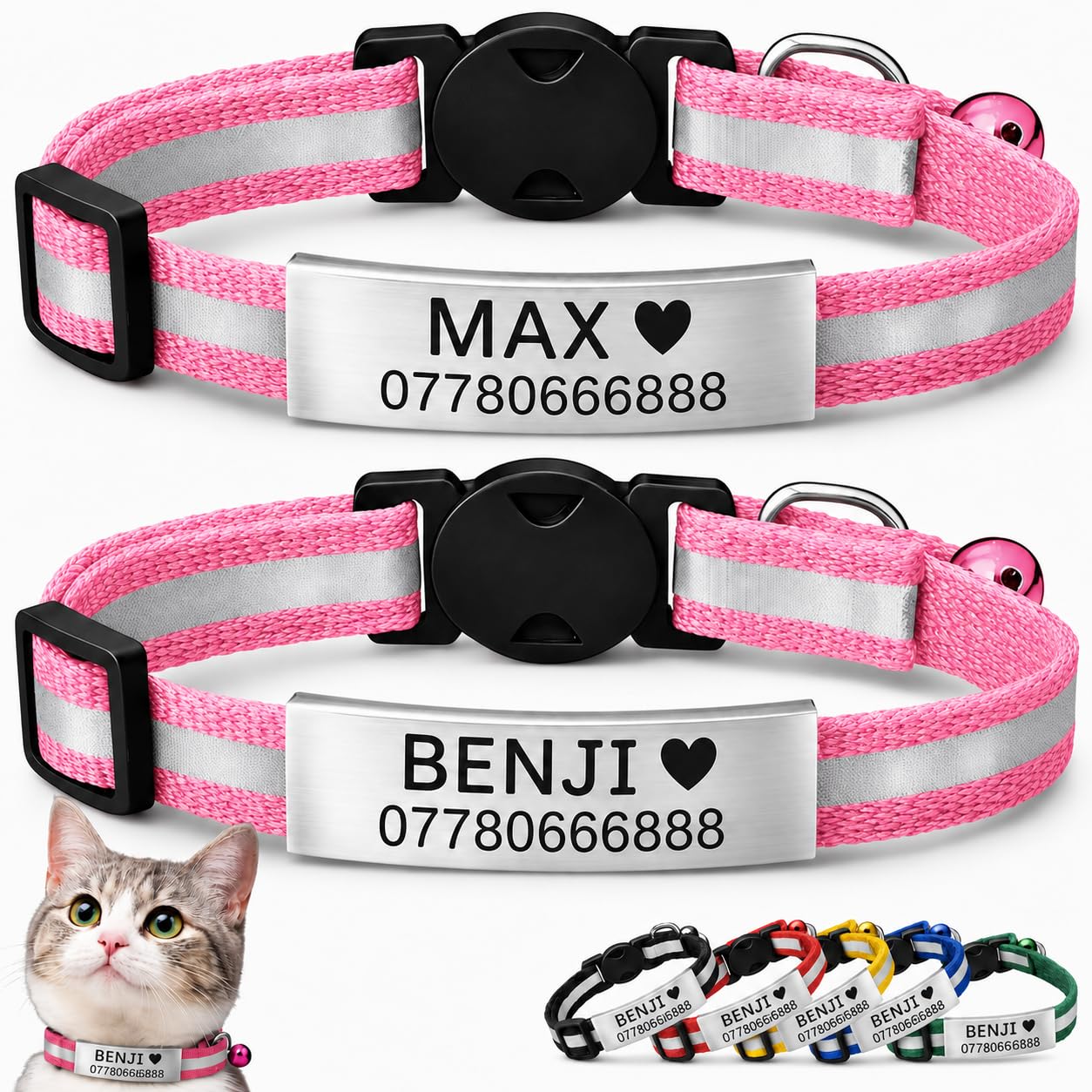 2 Pack Personalised Cat Collars with Engraved ID Plate, Name & Phone Number, Reflective Breakaway Safety Buckle, Adjustable Cat & Kitten Collar Set (Pink, Silver Name Plate)