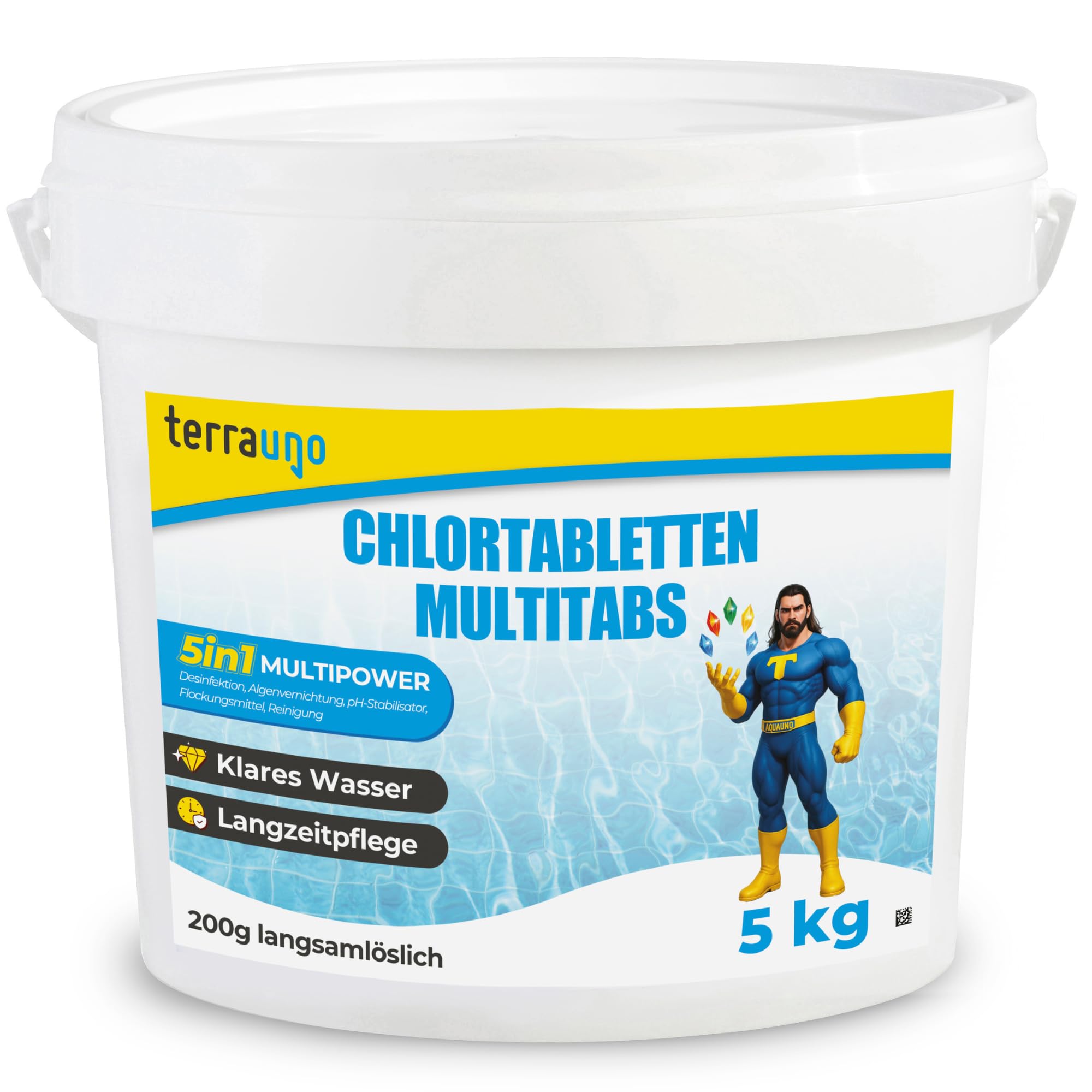 TerraUno Chlortabletten für Pool, Multitabs 5 in 1 für Poolpflege, 5kg je 200g Pool Tabletten langsamlöslich, mit 5 Phasen Power, KristallKlar Effekt, Chlor