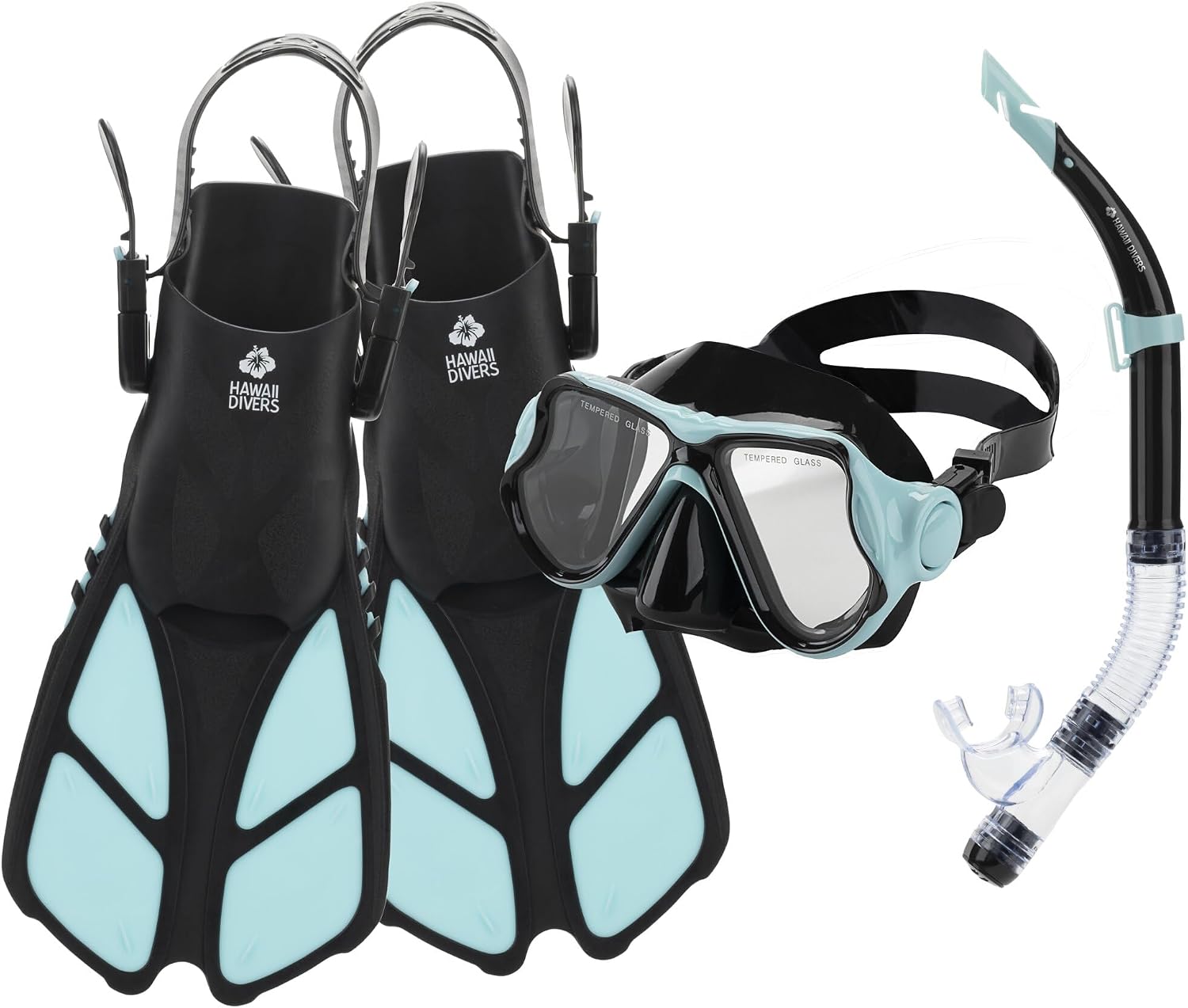 Hawaii Divers Manta Ray Adult Snorkel Set - Premium 2-Window Tempered Glass Snorkel Mask with Silicone Mouthpiece, Snorkeling Gear for Adults