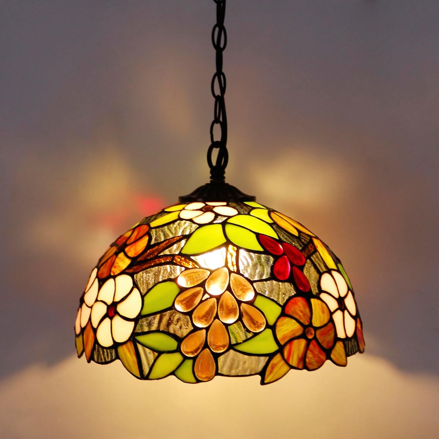 Tiffany Pendant Light Plug in 12 Inch Green Purple Grape Stained Glass Hanging Lamp with Chain 33 Inch, Cord 15 Feet