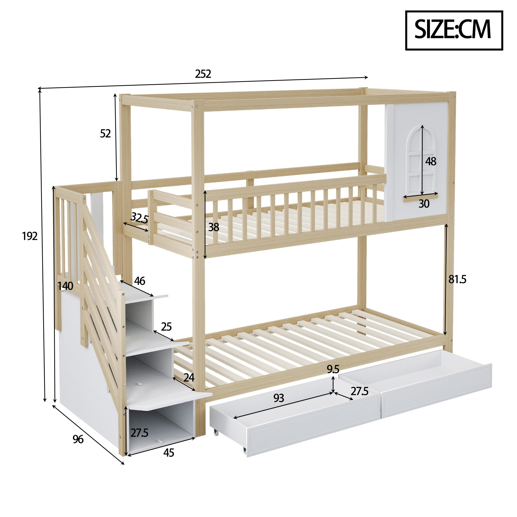 Letto a castello 90 x 200 cm, letto matrimoniale in legno massello, a forma di casa con finestre, design di recinzione di sicurezza, con cassetti e scala di sicurezza, per adolescenti (legno