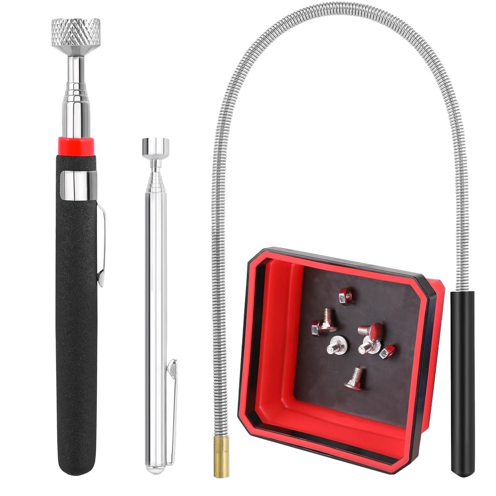 4 Pieces Extendable Magnetic Pick Up Tool with Magnetic Tray Flexible Telescopic Magnetic Rod, Magnetic Elevator Rod Clamp for Collecting Parts Automobile Metal Objects