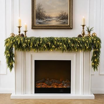 6ft Artificial Cedar Garland with LED String Lights, Garland Ties
