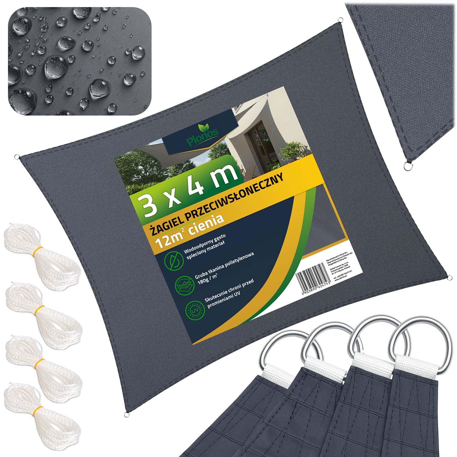 Plonos Awning Sun Protection Balcony Patio Waterproof 180 g/m² UV Protection Rectangular 4 x 3 m Grey