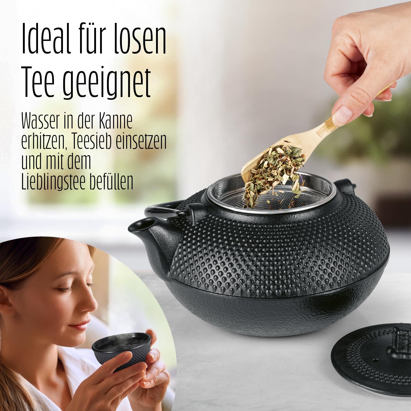Lumaland Tee Set 12-teilig | 1,4 Liter Gusseiserne Teekanne Tetsubin | Stövchen aus Gusseisen | 4 Teebecher & 4 Untersetzer | Japanisches Teeset Inkl. Bambus Dosierlöffel & Edelstahl Sieb