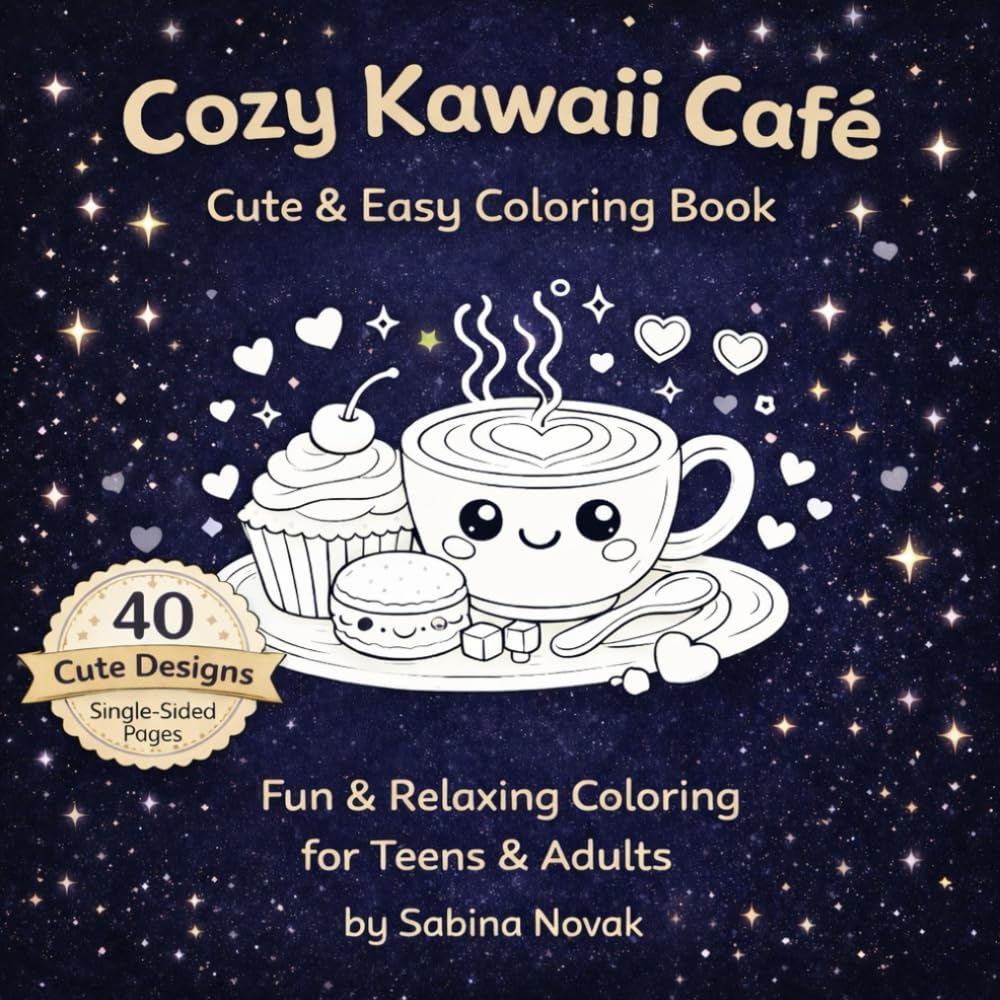 Cozy Kawaii Café Coloring Book for Teens & Adults: Cute & Easy Bold Designs for Stress Relief – 40 Adorable Coffee & Dessert Pages Single-Sided (Cozy Kawaii Coloring Book Series)