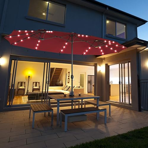 Miniatura 2 de Tangkula Sombrilla grande de patio de 15 pies con luces solares, doble cara para exteriores con base incluida, 36 luces LED, para jardín, terraza,