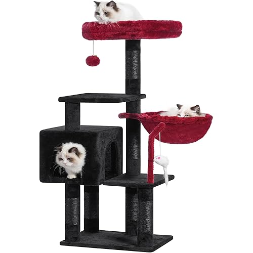 Heybly Cat Tree with Toy, Cat Tower Condo for Indoor Cats, Cat House with Padded Plush Perch, Cozy Hammock and Sisal Scratching Posts, Black and Red HCT004SBR