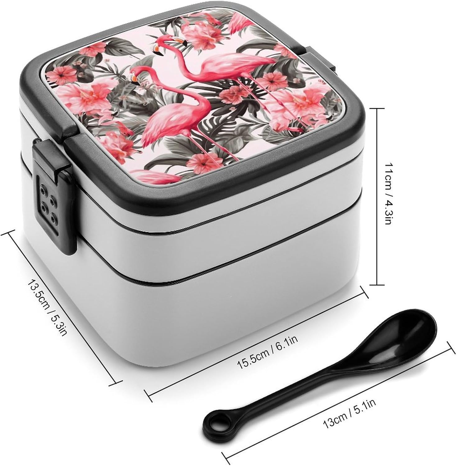 Bento Box with Spoon And Handle Flamingo Floral Printed Printed Stackable Bento Box Portable Bento Lunch Box Container for Work Camping And Travel
