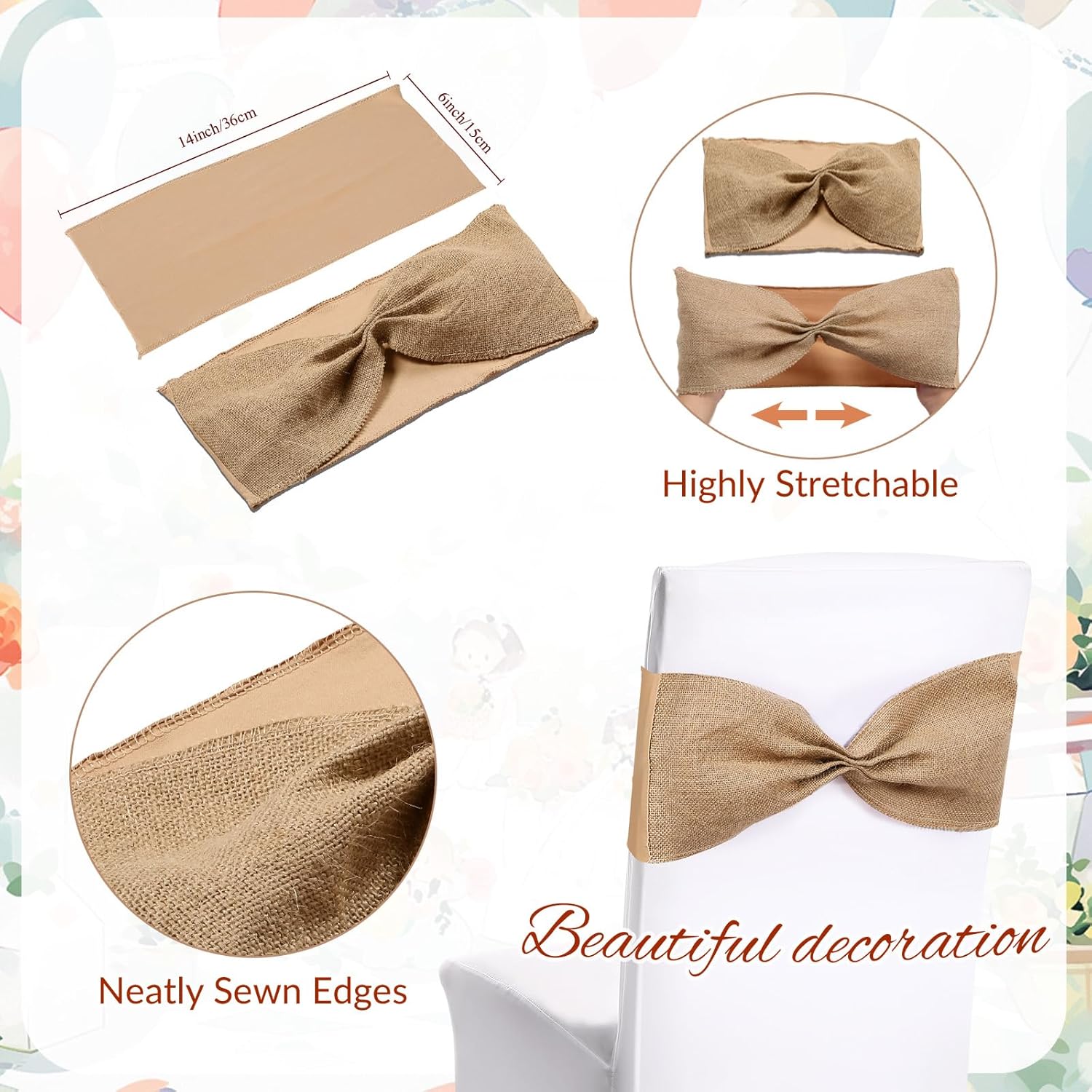 Newwiee 54 Pcs Table Decoration Set 12 x 108 Inch Table Burlap Runners Chair Sashes Jute Tables Runners Linen Spandex Chair Bands for Wedding Dining Banquet Event Party Favor Ceremony