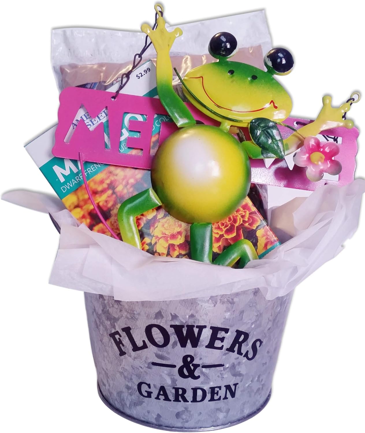 Flower Planter Gift Basket with Galvanized Metal Pot, Soil