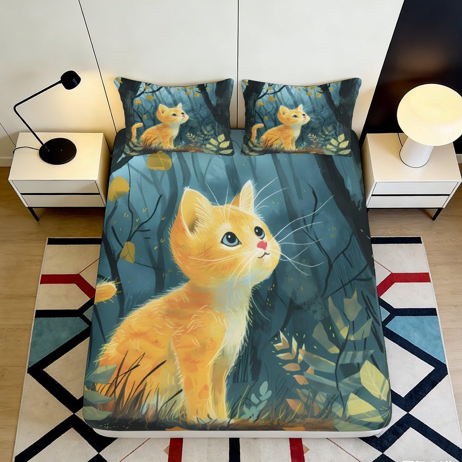 Jqzkxnhpbr Style-4 3D Printed Orange Cat Forest Fitted Sheet Microfiber Soft Decorative Kitten Bed Cover For Bedroom Guest Room 90X200x25cm