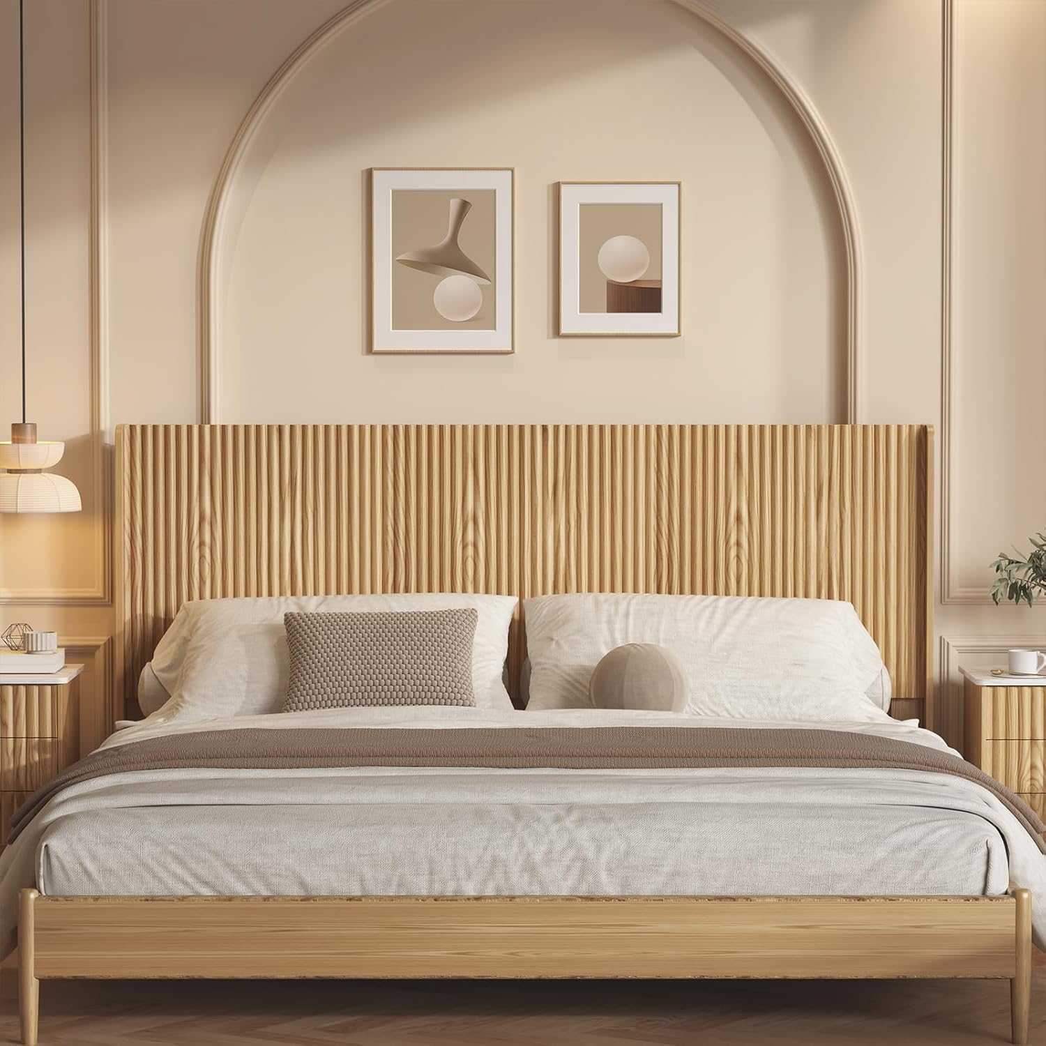 65'' Wood Headboard Queen Size with Charging Stations, Boho Bed Frame Wall Mounted Headboards, Modern Farmhouse Bed headboard Only (Queen (U.S. Standard))