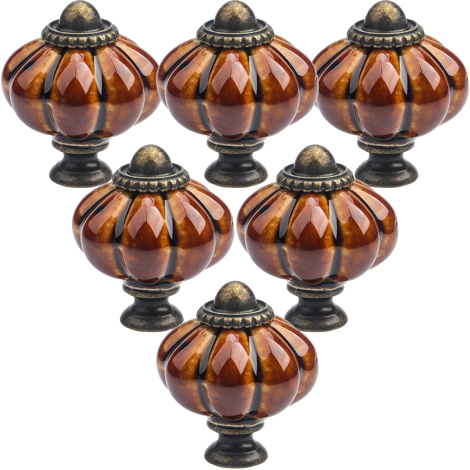 Lhnndm Coffee Brown 6Pcs Ceramic Door Knobs,Light Green Pumpkin Ceramic Knobs With Screws, Antique Wardrobe Pull Handles For Kitchen Cupboards Cabinet Dresser (6, )