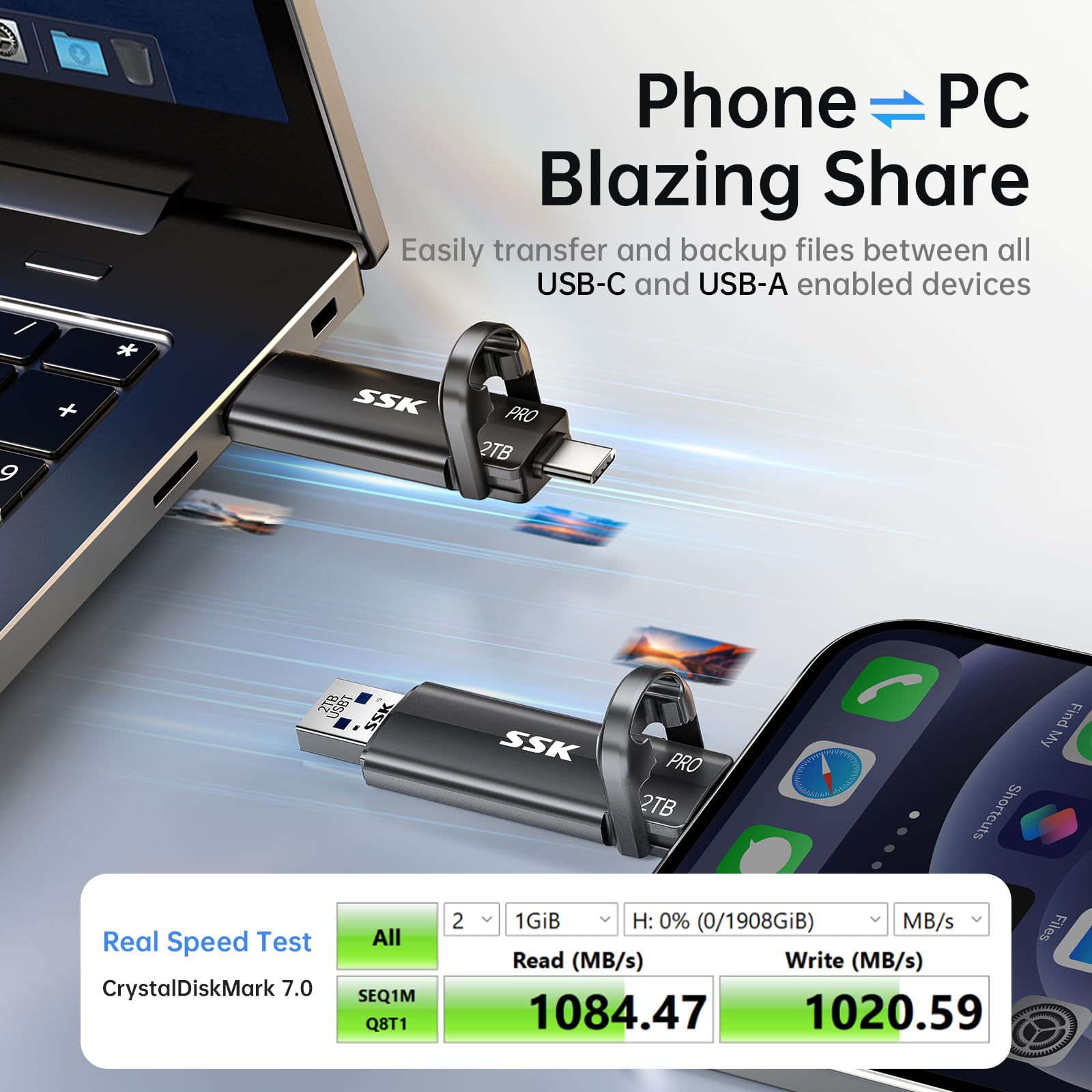 SSK USB Flash Drive 2TB SSD External, TLC NAND Solid State Drive Dual USBC & USBA Ports, Up to 1000MB/s High-Speed Portable 1TB USB Thumb Drive Stick for iPhone 15/16/17 Pro, Mac, Android, PC Backup - Additional View