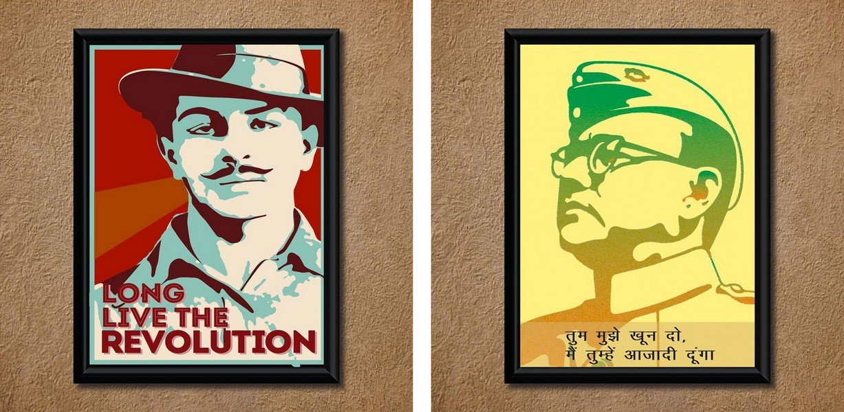 Legendary Bhagat Singh & Netaji Bose Wall Poster (with Frame) (Combo)