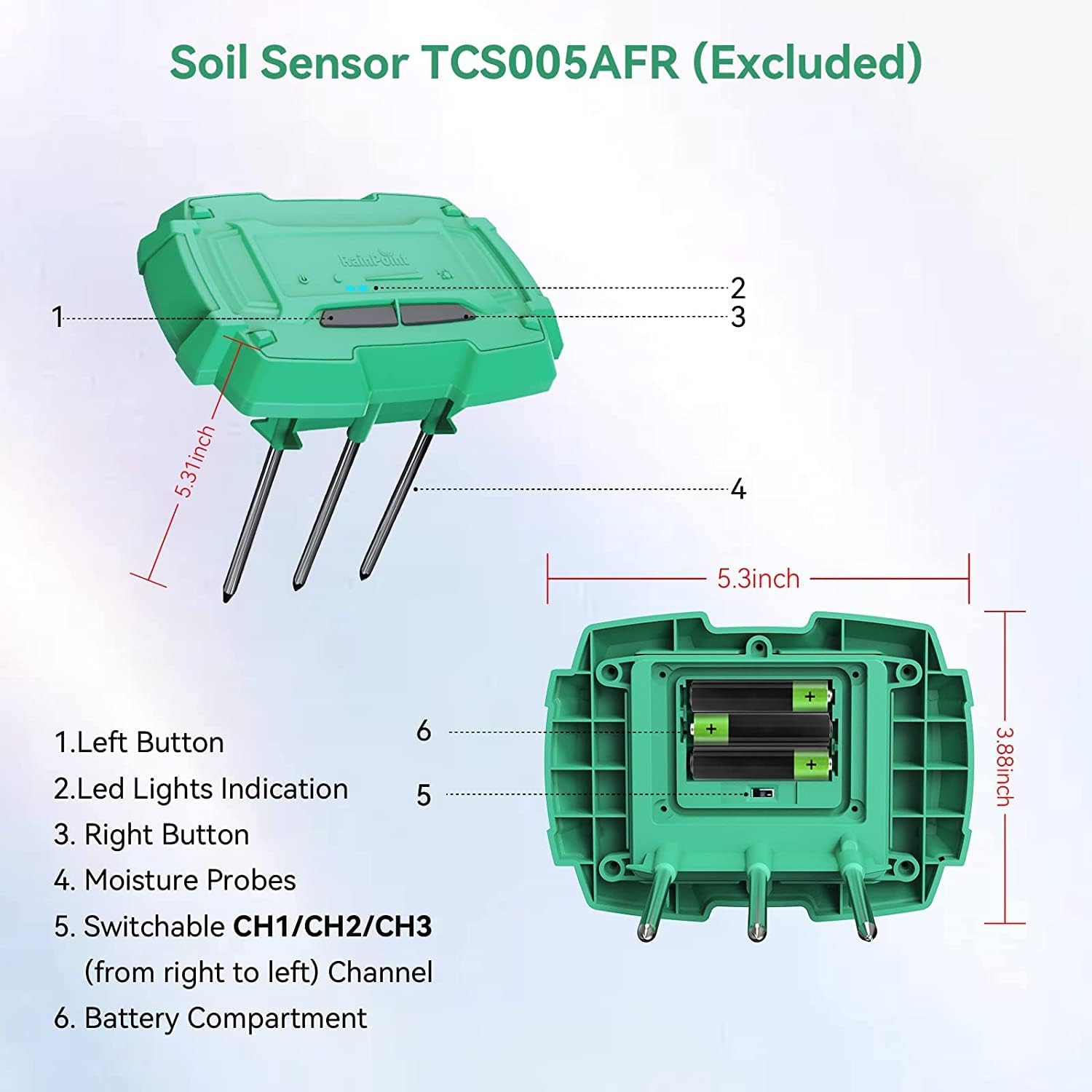 Detailed diagram of the RAINPOINT Soil Sensor TCS005AFR showing its parts and dimensions.
