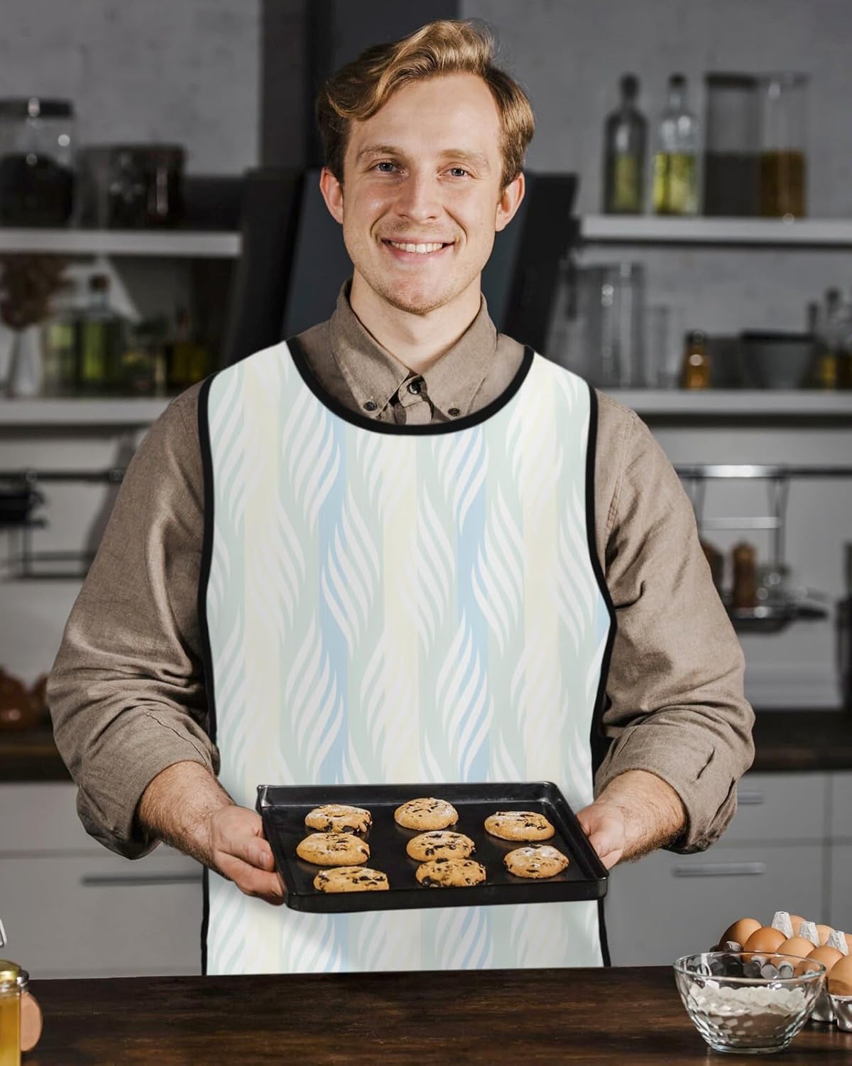 Modern Abstract Cobbler Aprons with 2 Pockets for Women Men, Minimalistic Geometric Stripes Blue Cream