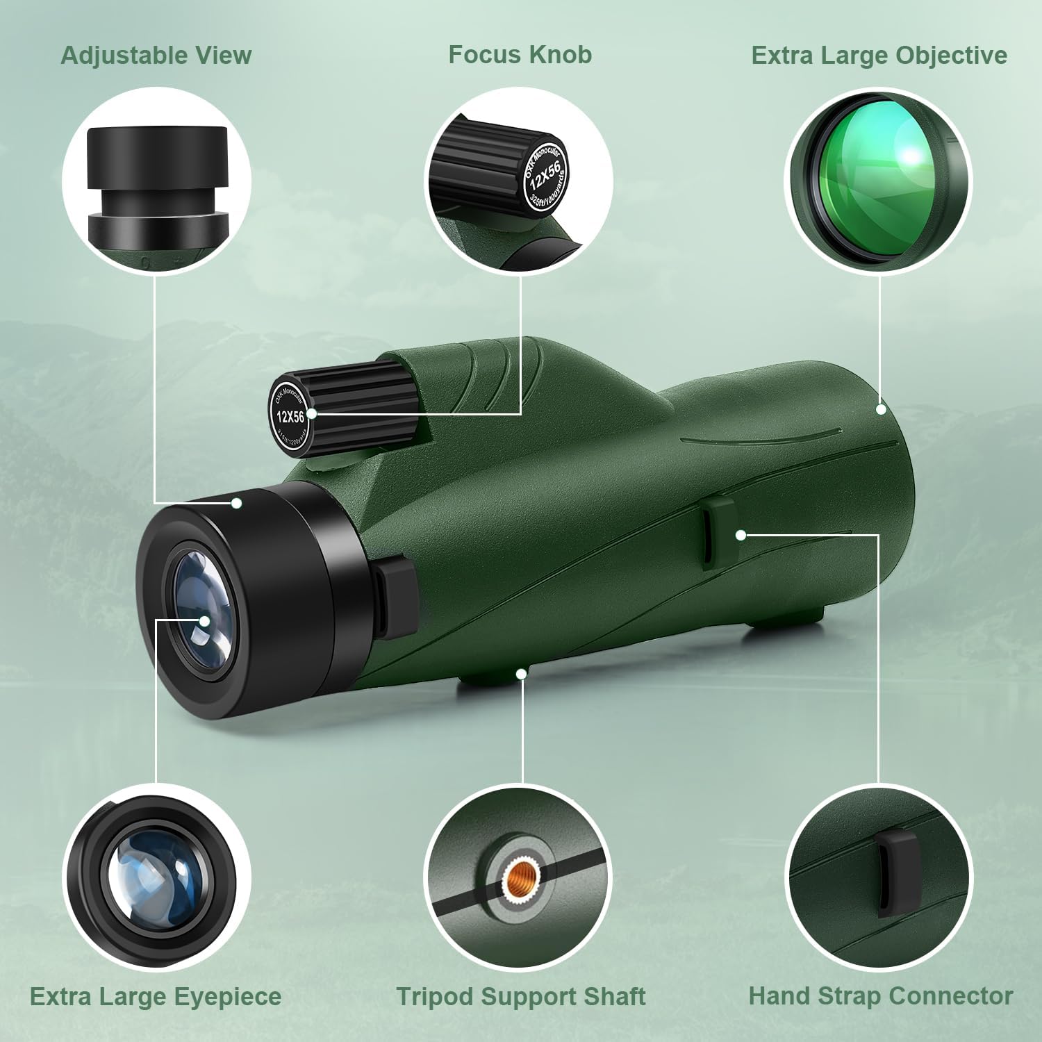 12x56 High Power Monocular Telescope with Tripod Bag, Handheld Monoculars for Adults with BAK4 Prism & FMC Lens, Suitable for Bird Watching Camping, New-Upgraded BAK4 - Forest Green