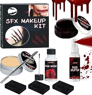 Halloween Sfx Makeup Kit, Contain (Fake Wound Modeling Skin Wax with Spatula, Fake Blood Splatter Spray, Fake Blood Cream, Scab Coagulated Blood Gel, 3 Stipple Sponge), Realistic Washable