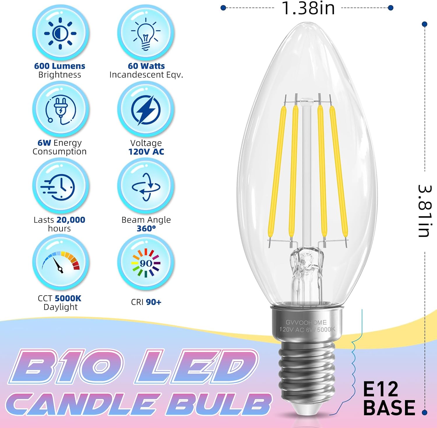 Candelabra Light Bulbs, 6W Equivalent to 60 watt E12 LED Bulb 5000K Daylight Non-Dimmable, LED Chandelier Light Bulb, B10 Candle Bulbs, 90+CRI, 600LM, Cear Glass, 24 Pack