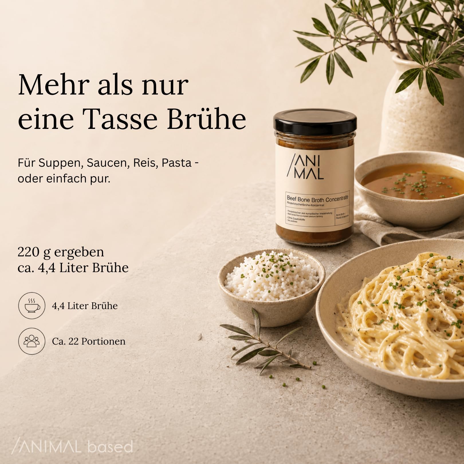 Animal Based Knochenbrühe Konzentrat vom Weiderind – Beef Bone Broth Paste im Glas, Rinderbrühe und Rinderfond für Trinkbrühe, Suppen und Saucen, mit Kollagen, ohne Zusatzstoffe, 220g, 22 Portionen