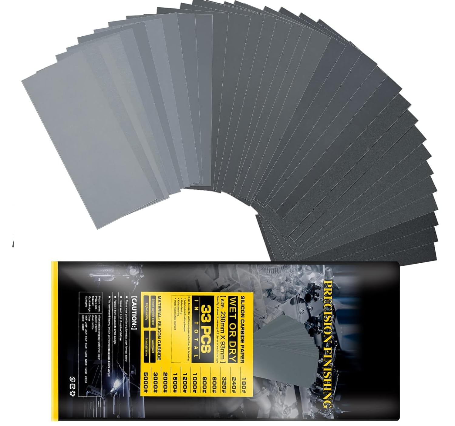Carta abrasiva 5000/3000/2000/1500/1200/1000/800/600/320/240/180, set di carta abrasiva a grana fine, 33 pezzi, carta abrasiva per uso a secco e a umido, 23 x 9,5 cm