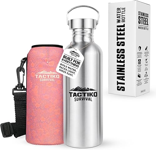 Miniatura 13 de Tactiko Survival Botella de agua de boca ancha de acero inoxidable de 34 oz/33.8 fl oz, de una sola pared, segura para hervir, a prueba de fugas,