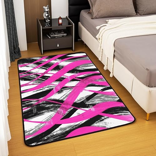 Miniatura 4 de Feelyou Alfombra de sala de estar, 5 x 7 pies, diseño geométrico de rayas color rosa intenso, para niños, alfombra moderna a rayas para interiores,