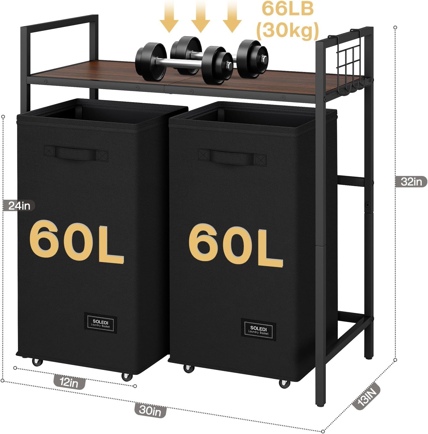 SOLEDI Double Laundry Hamper with Shelf, Rolling Comoros Ubuy