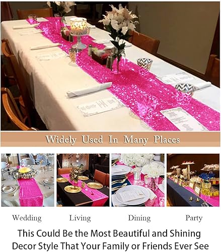 Miniatura 5 de Camino de mesa de lentejuelas rosa intenso, paquete de 2 unidades, 12 x 72 pulgadas con purpurina para fiestas, camino de mesa de boda, camino de