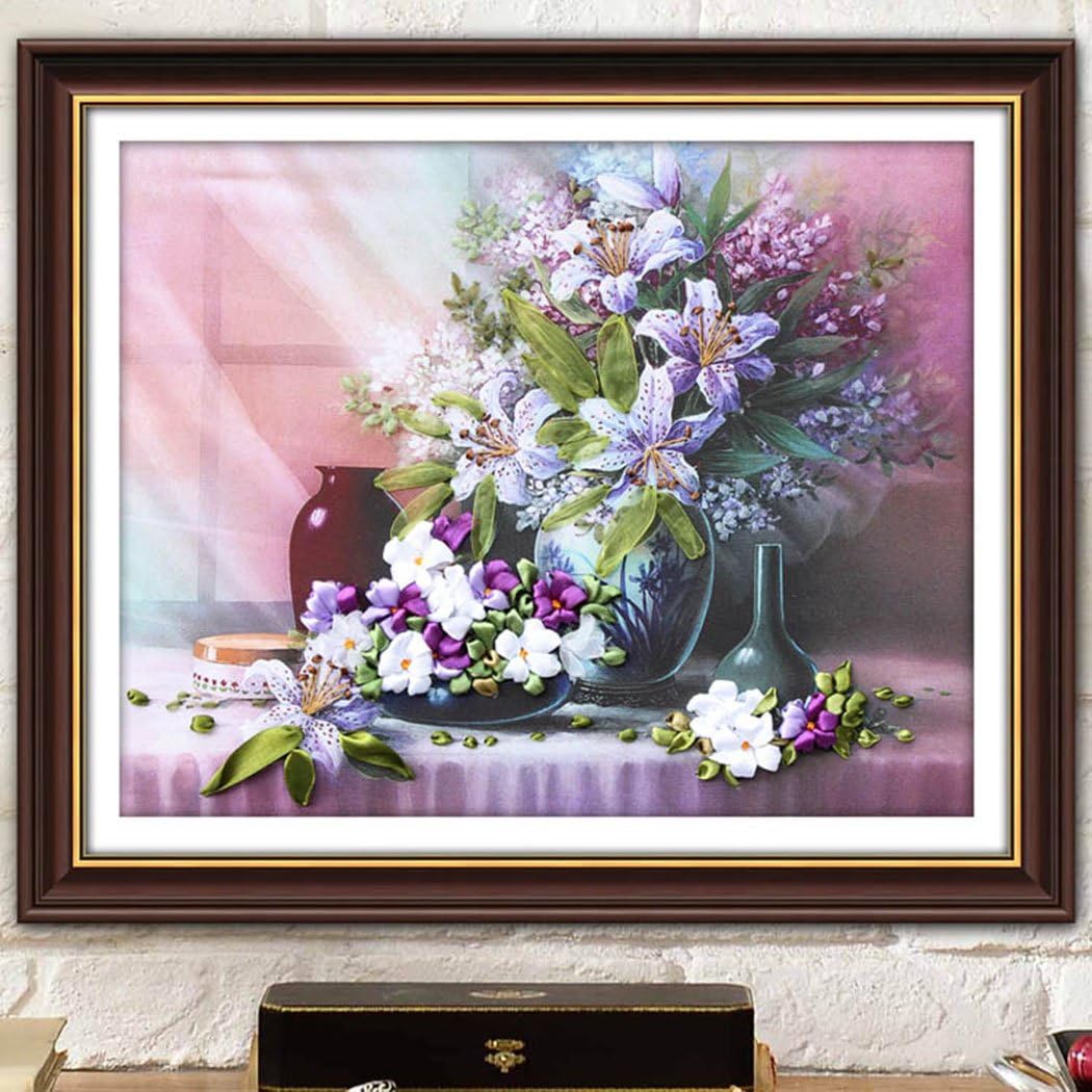 Aureate Handmade Ribbon Embroidery Kits Canvas 3D Wall Art Home Decoration DIY Needlepoint Tapestry Hanging Gift Sweet Lily 22"×20"