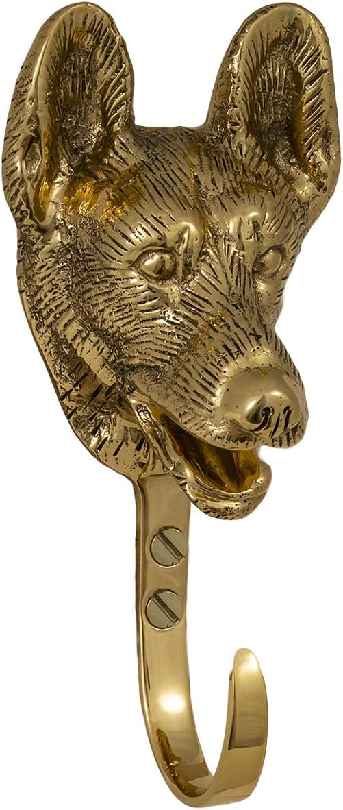 Solid Brass Dog Hook Hanger- for Leashes and More- German Shepherd (Brass)