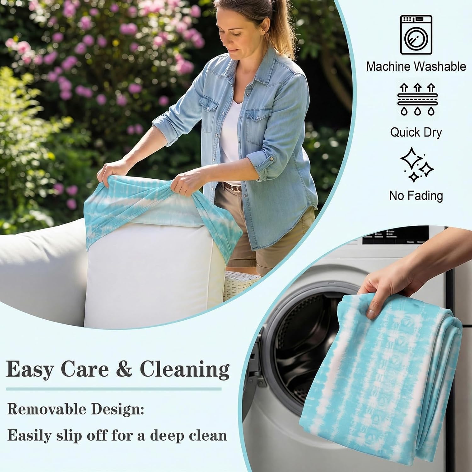 8 Pack Outdoor Cushion Covers Water Resistant High Stretch Fit Patio Cushion Covers 180g Couch Seat Slipcovers Machine Washable Pet & Kids Friendly Home Refresh 20-27 Inch, Teal Tie-Dye