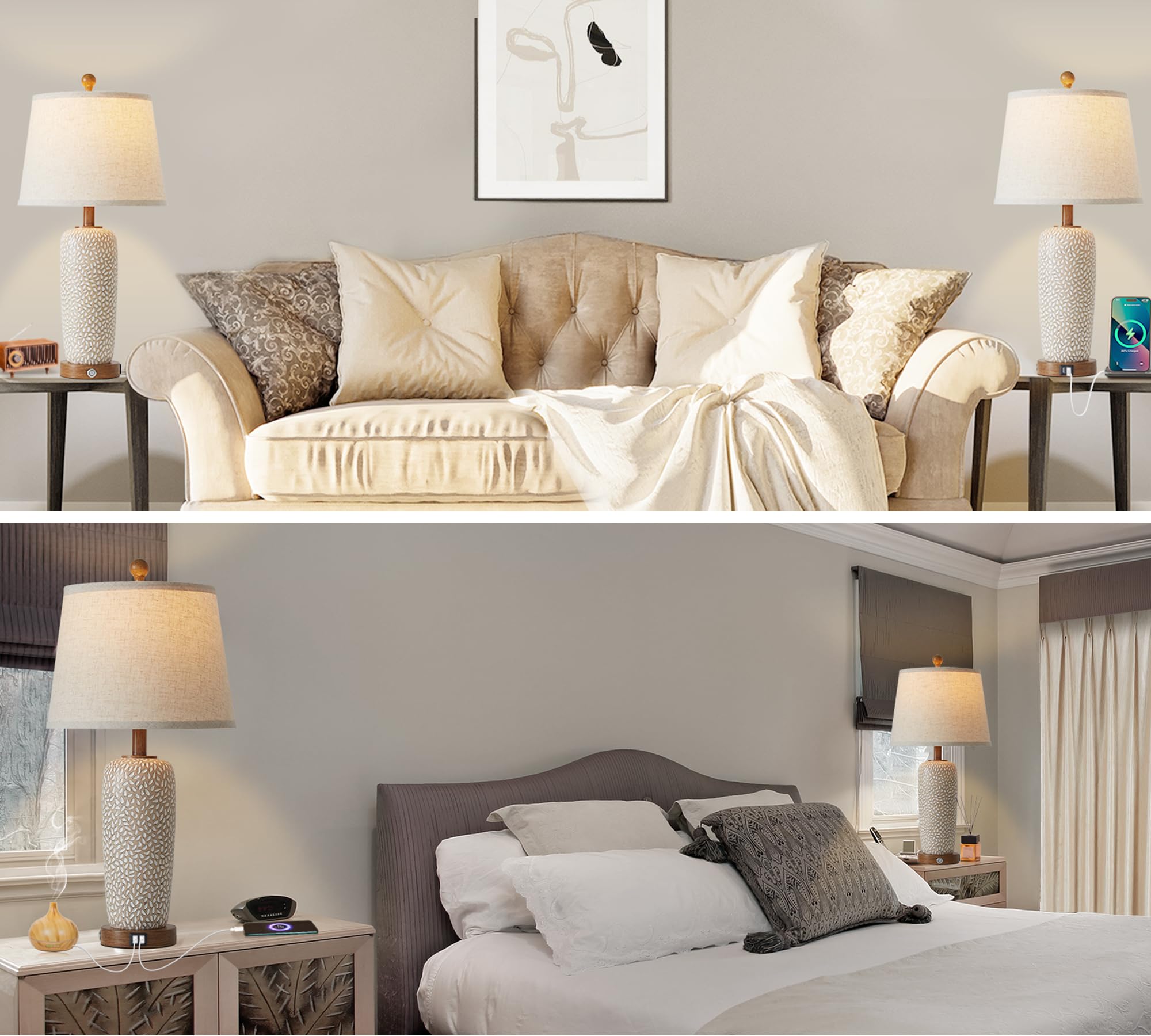 Touch Lamps for Bedrooms Set of 2, 26'' Farmhouse Table Lamps for Living Room Boho Bedside Lamp with Dual USB Charging Ports, 3-Way Dimmable Coastal Nightstand Lamp with White Fabric (Bulb Included)