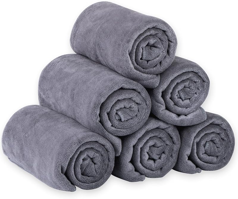 JML Toallas de baño de microfibra, juego de toallas de baño (paquete de 6, 27" x 55") - Extra absorbente y de secado rápido, toalla de microfibra multiusos para baño, playa, pileta, deportes, yoga - Gris | Lazo para colgar, absorbente, suave, de secado rápido, sin pelusa, resistente a la decoloración, multiusos para adultos, playa, pileta, deporte, yoga