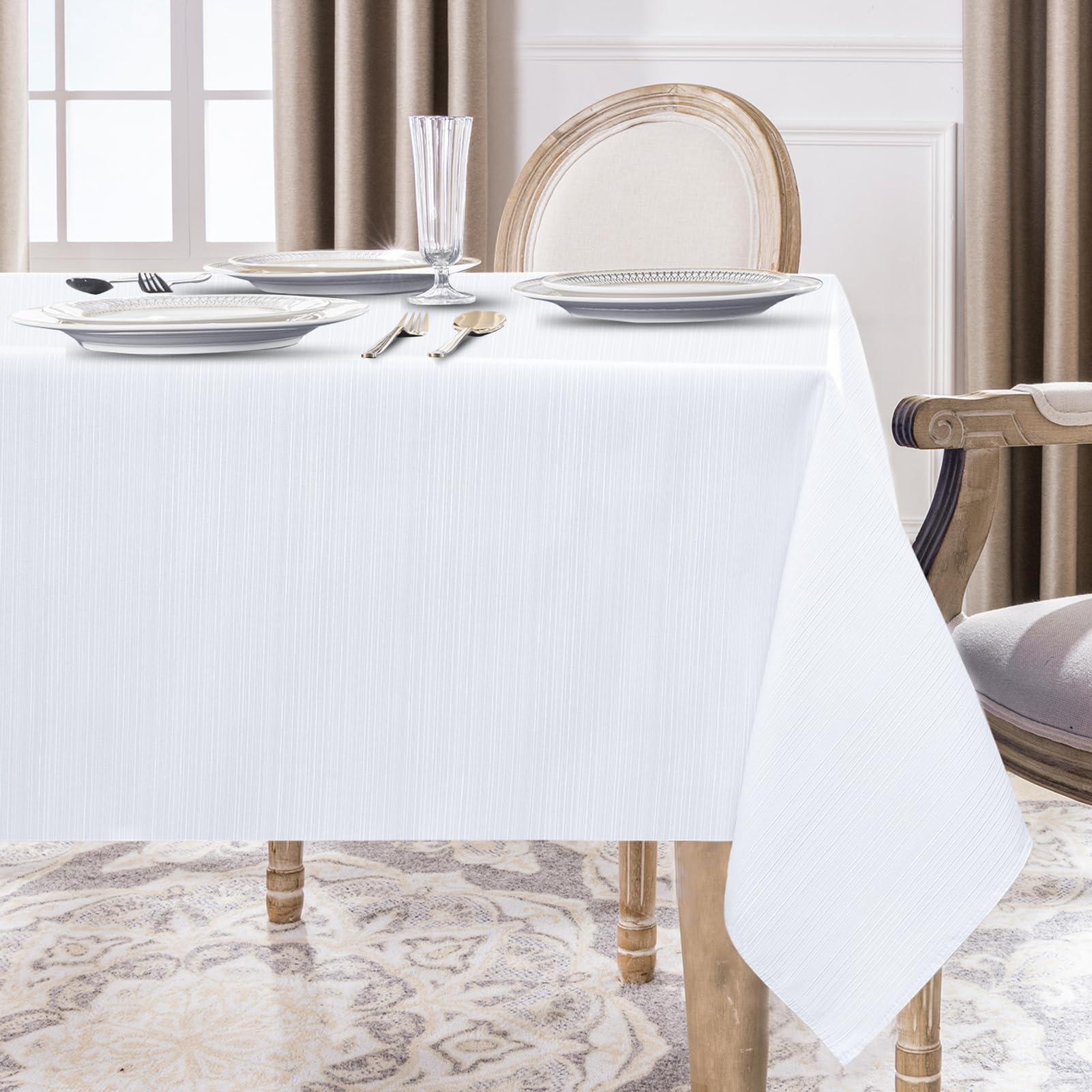 Softalker Jacquard Rectangle Tablecloth - Geometric Line Damask Table Covers Waterproof Stain Resistant Washable Polyester Table Cloths for Dining, Holiday & Parties (60 x 144 inch,White)