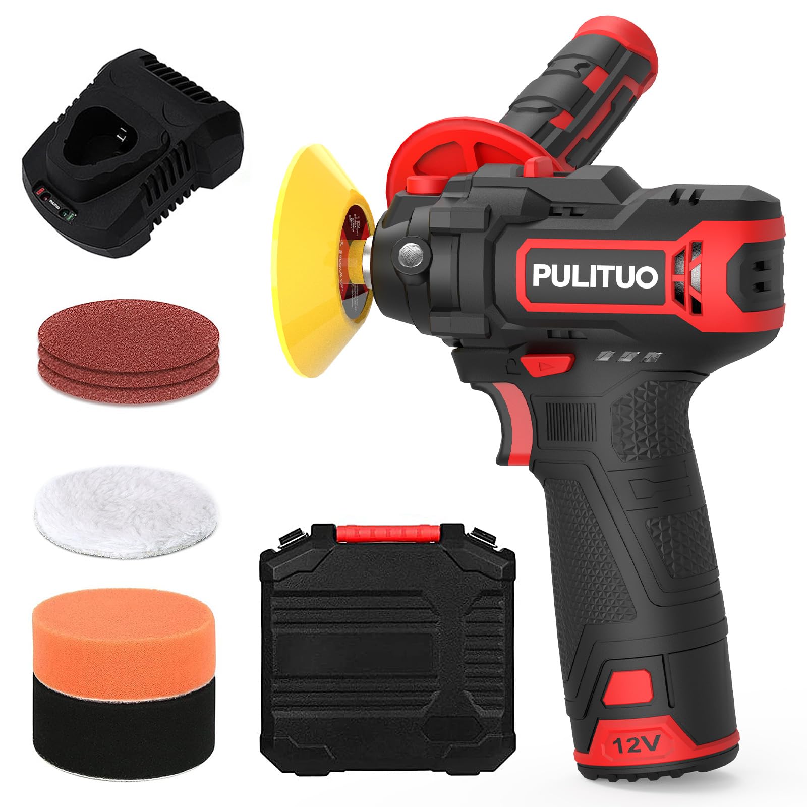 PULITUO Polisher, 12V 2.0Ah Cordless Car Polisher Variable Speed 2600-7800RPM, 75mm Mini Polisher with 3 Sandpapers, 2 Sponges, 1 Wool Pad for Car, Boat, Furniture