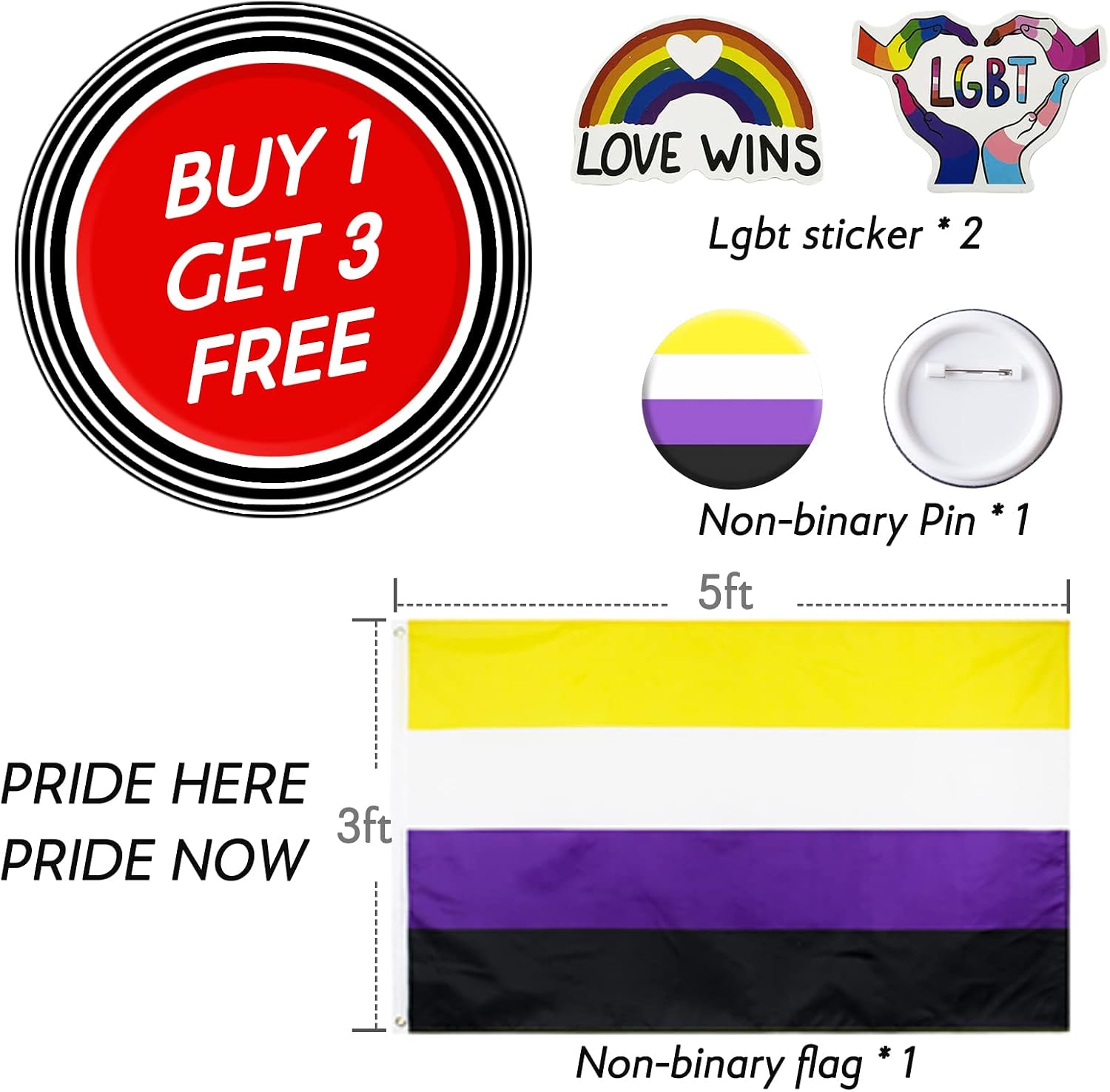 Non Binary Flag for Wall & Outdoor 3x5 Ft with Enby Flag Pin & 2pcs Free Random Rainbow Stickers-Gay Pride Stuff Lgbtq Gifts Accessories for Nonbinary/Pansexual/Trans Pride Day Month Parade