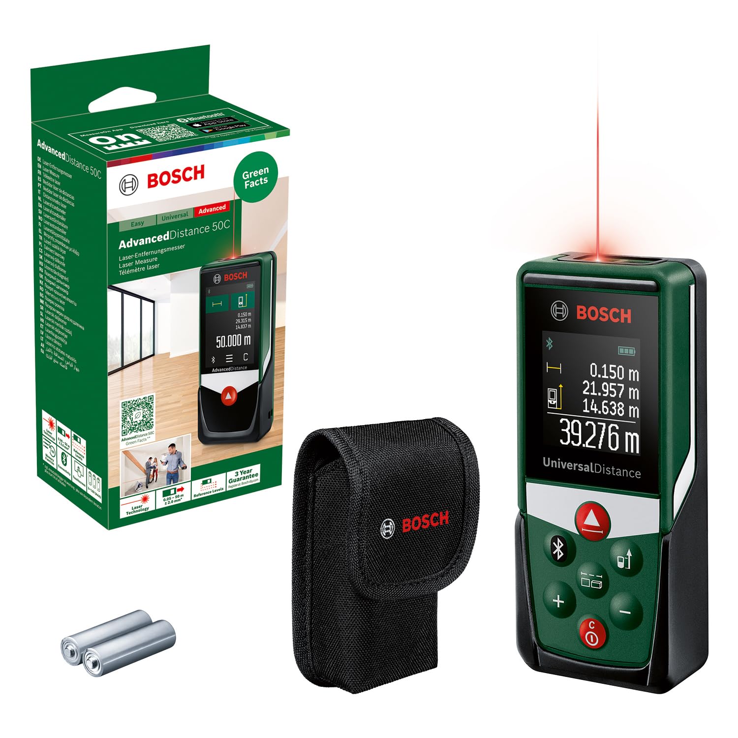 Bosch Medidor Láser UniversalDistance 50C (mide con precisión distancias de hasta 50 m, conectividad Bluetooth, diferentes funciones de medición, en caja de cartón)