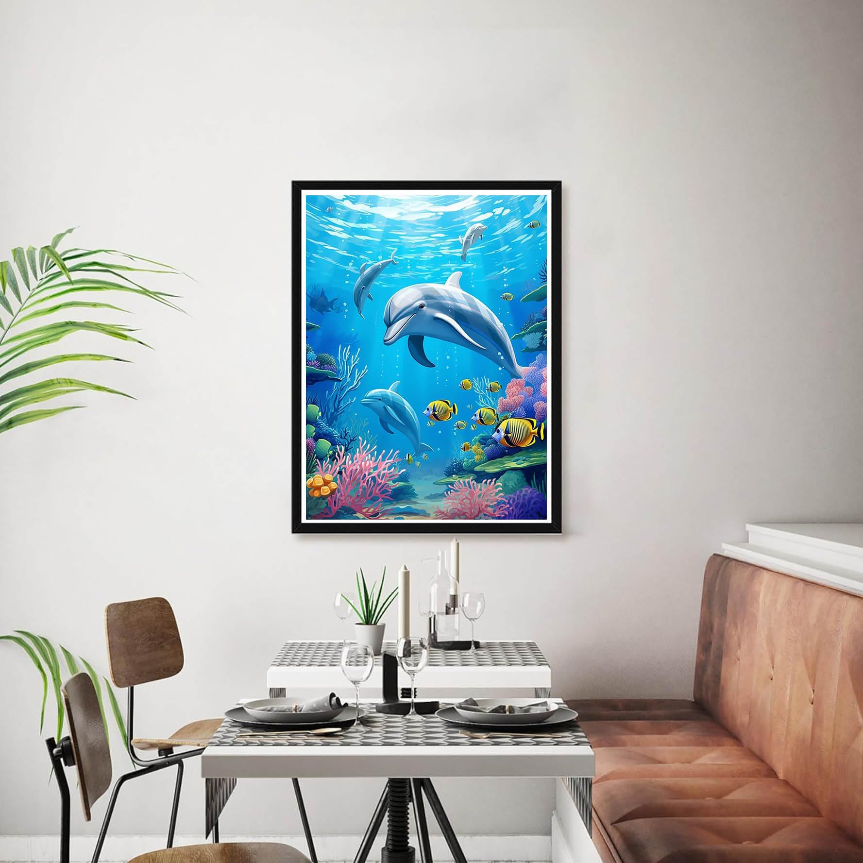 Bimkole 5D Diamond Painting Kit Completo Fai Da Te - Delfino Della Luna E Nuvola Di Mare - Mosaico Di Strass Rotondi, Decorazione Murale 30x40 Cm