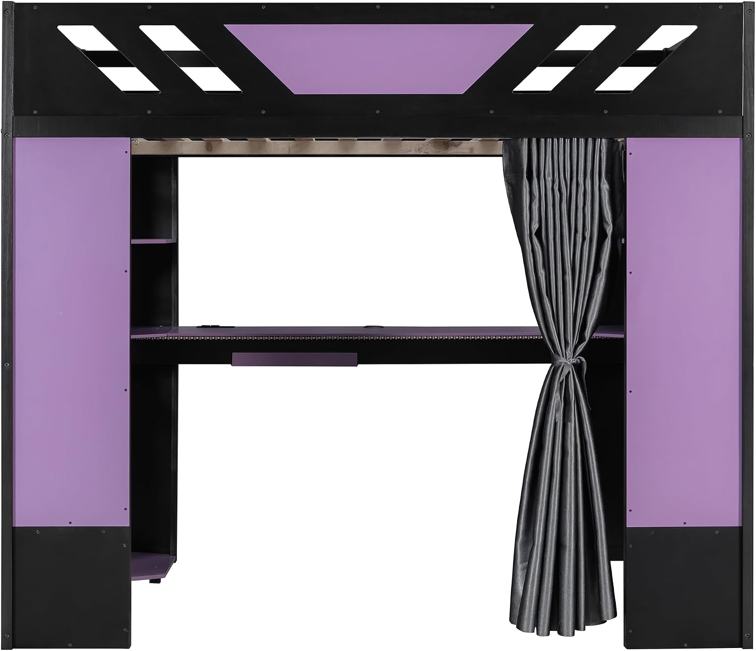 Full Size Loft Bed with Desk and Shelves,Wooden Loft Beds with RGB Lights and Blackout Curtains,Heavy Duty Bed Frame for Kids Teens Adults,Space-Saving(Black+Purple