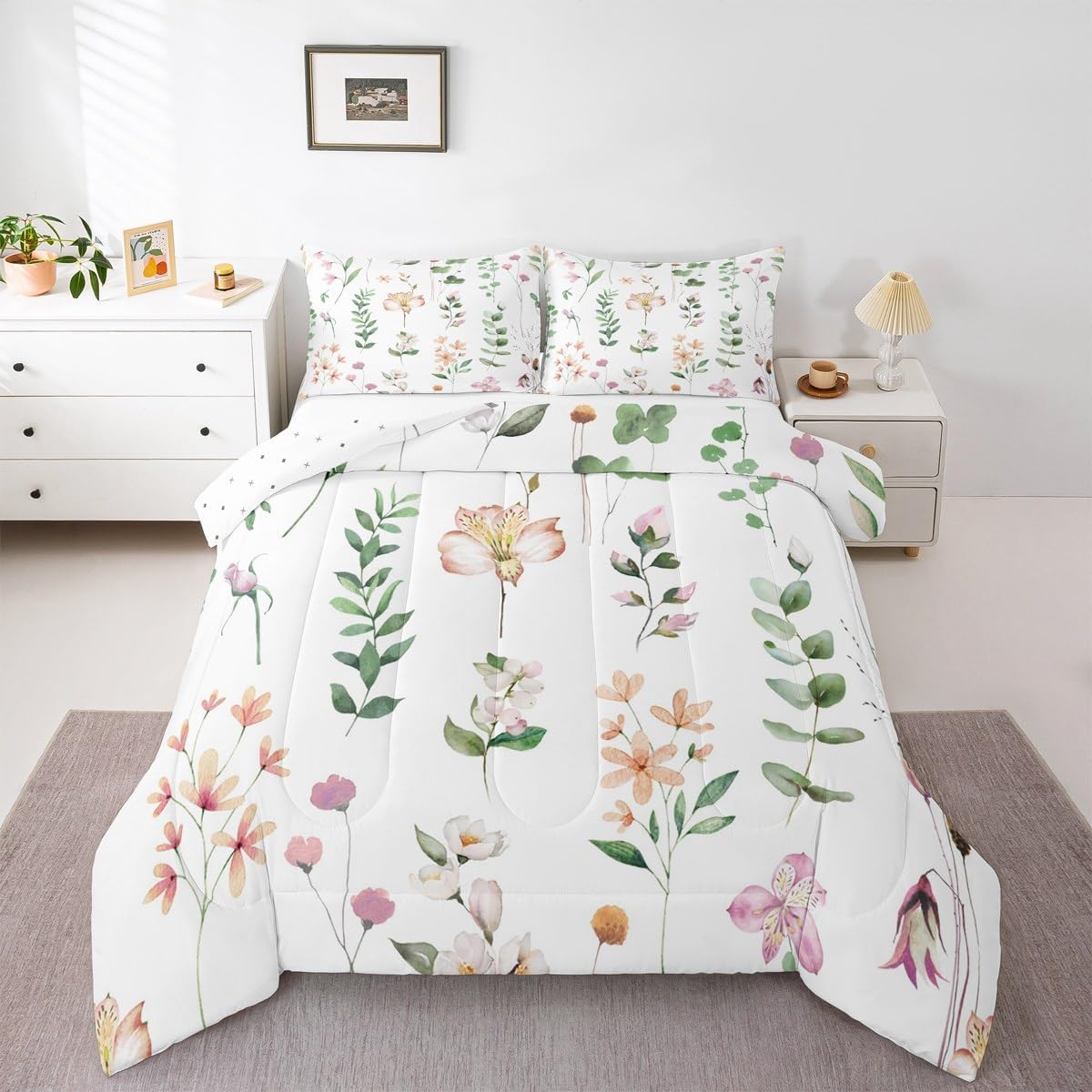 Feelyou Blossoming Iris Flowers Comforter Set Queen Size Daisy Bedding Set for Kids Boys Girls Damask Floral Duvet Quilt Leave Bedroom Decor Microfiber 3 Pcs with 2 Pillow Cases