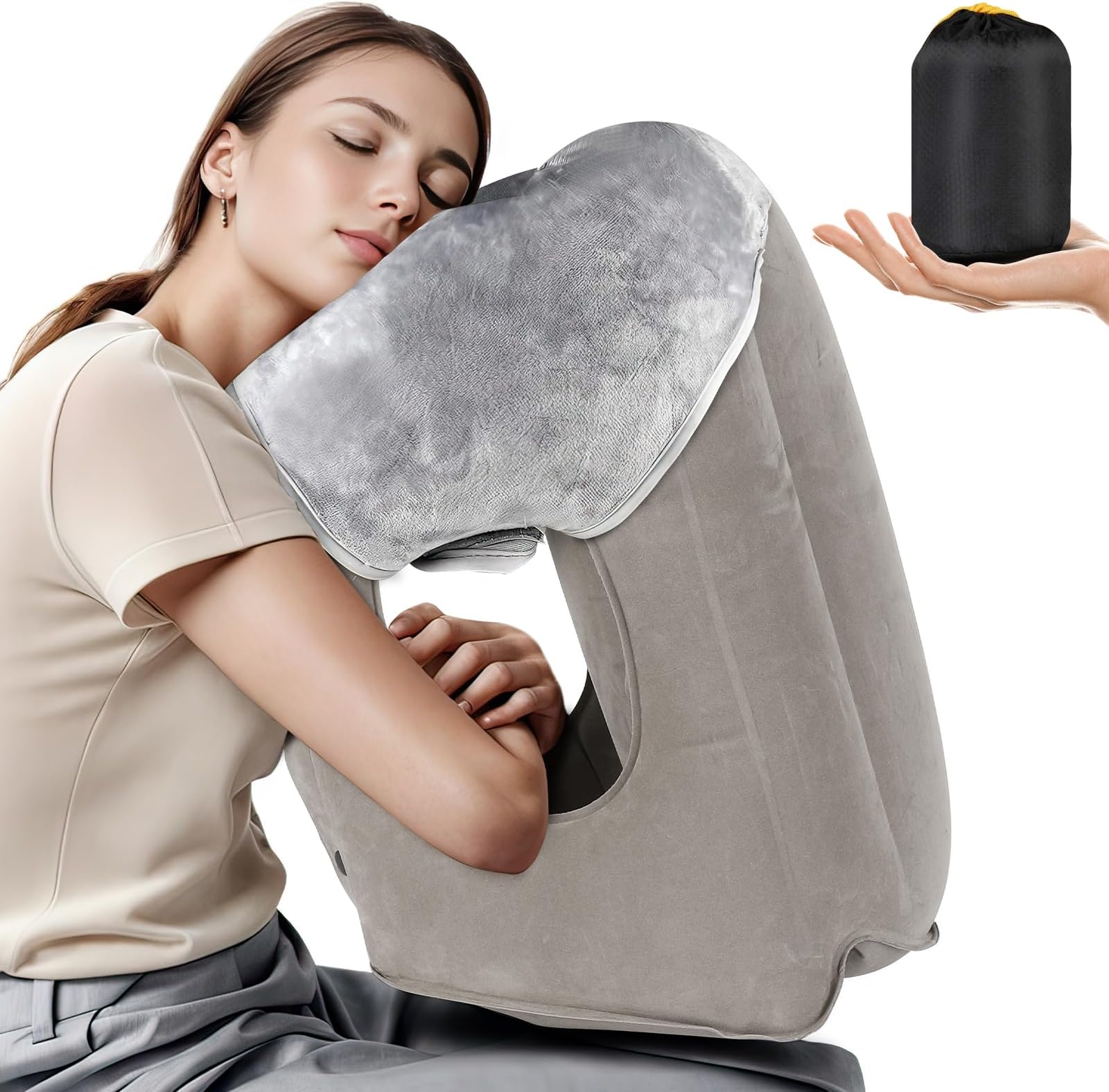 Lewondr Inflatable Travel Pillow, Airplane Neck Pillow for Traveling, Travel Pillow with Storage Bag, Avoid Neck Shoulder Pain, Sleeping Cushion for Airplane Bus Car Train Office, Easy to Carry, Grey