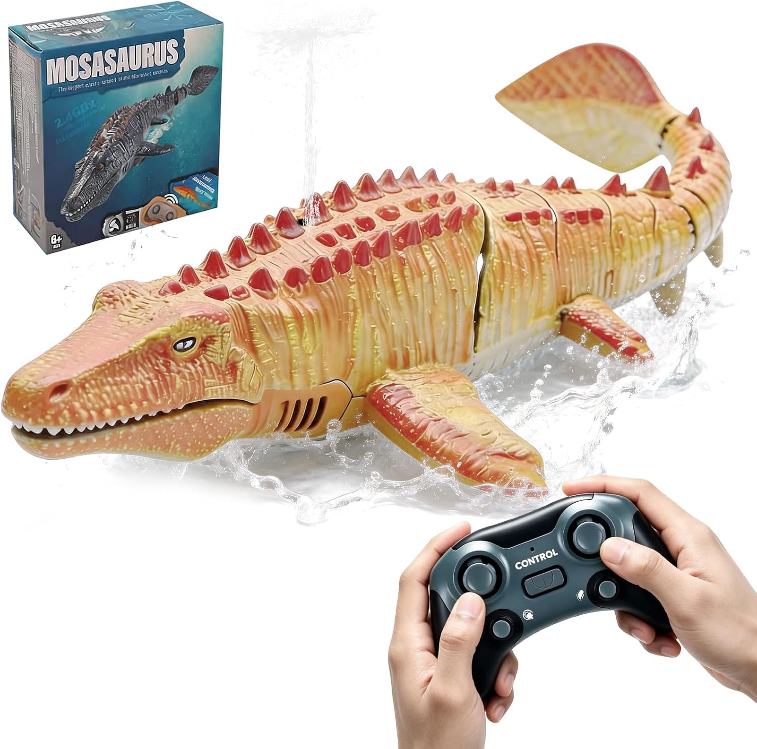 Telecomando Mosasaurus RC Barca, 2,4 GHz Radiocomandata Squali Barca | Piscine e Laghi Giocattolo Elettrico a Forma Dinosauro, Spruzzare Acqua, 2 Batterie, Regalo per Ragazzi e Ragazze (Giallo)