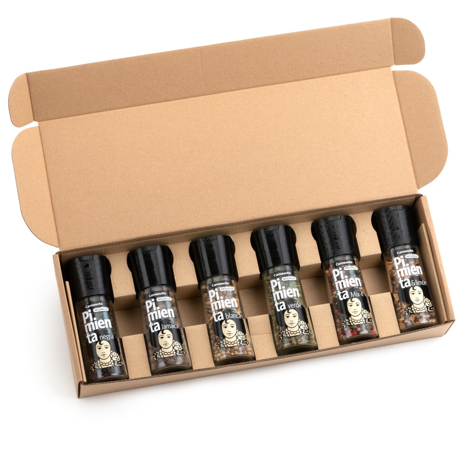 CARMENCITA - Pack 6 Molinillos Pimientas | Pimienta Negra | Pimienta de Jamaica | Pimienta Blanca | Pimienta Negra y Limón | Pimienta Verde | Mix Pimientas | Especias recién molidas para tus comidas