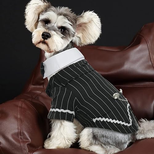 Miniatura 9 de DENTRUN - Traje de esmoquin para perro con corbatín - Camisa formal de rayas negras y blancas, elegante, para mascotas, atuendo de boda, fiesta de