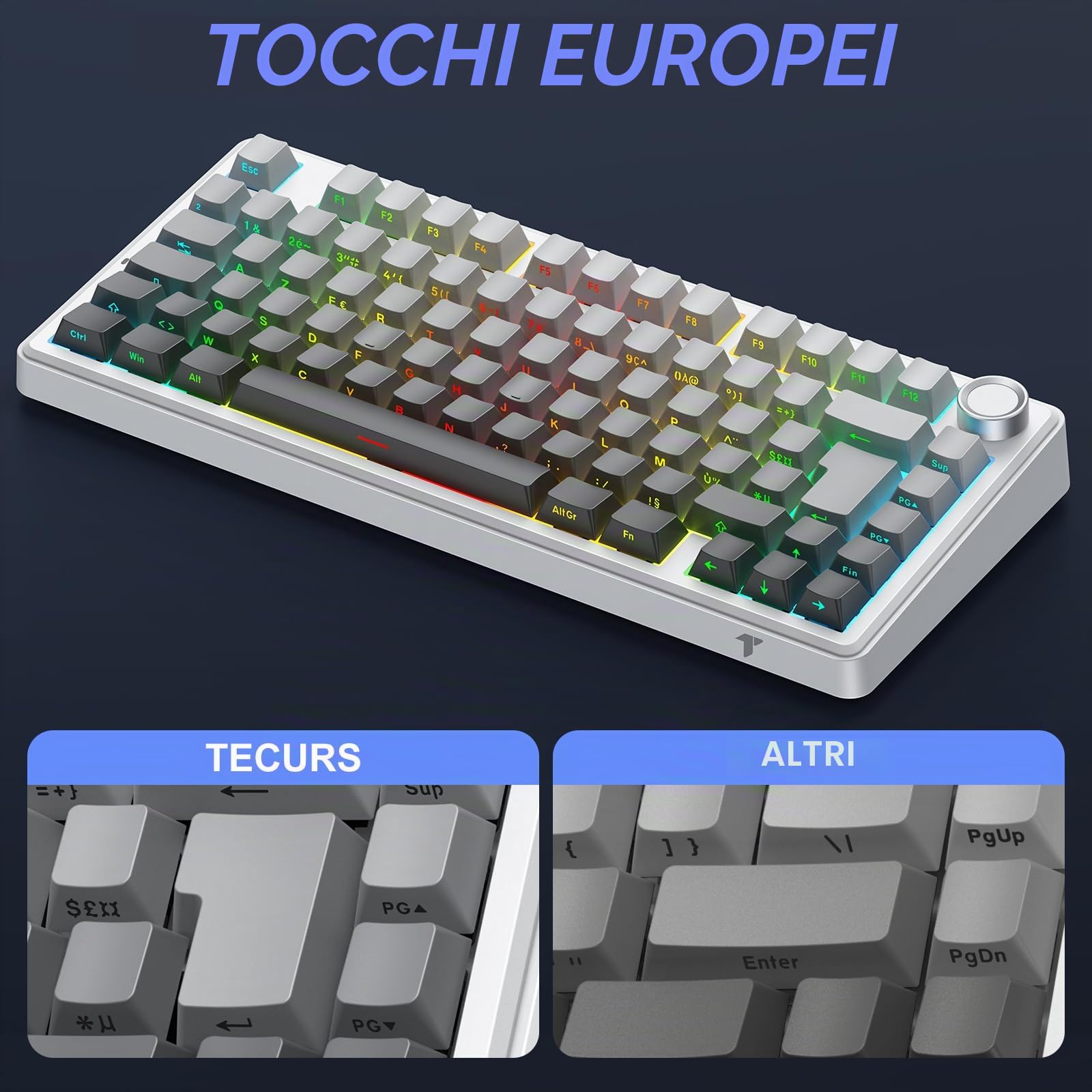 TECURS Tastiera meccanica da gioco - 75% ISO-FR wireless hot swap, montaggio a gasset, RGB, MK209 Tastiera da gioco AZERTY con pulsante, tastiera tri-modale TKL, tasti PBT, Creamy Sound, Red Switch